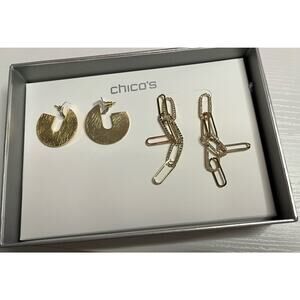 New Chico's Gold Tone Earrings Elegant Original Box Chicos